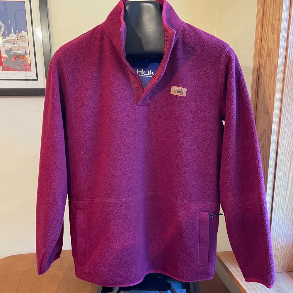 NWT Huk Burgundy Fleece Mock-neck Cannel Popover, XS
